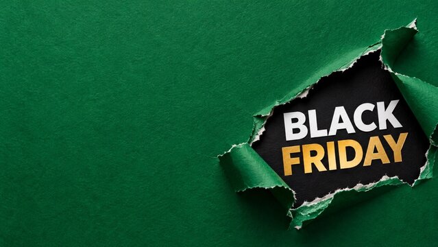 Luxury Black Friday discount background featuring golden text inside torn emerald green paper hole with copy space