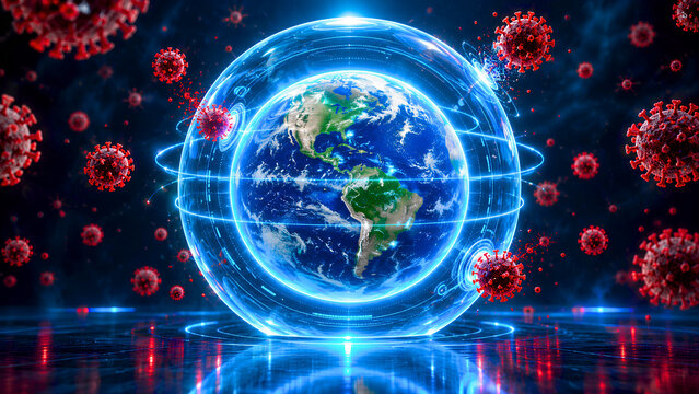 Planet Earth protected by glowing blue technology forcefield shield defending against floating red coronavirus viral particles in dark space