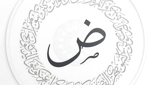 Arabic alphabet letter dhad in ornate circular frame with ornamental border calligraphy art islamic design