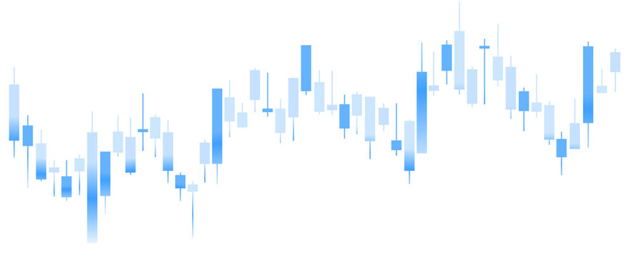 Blue and white candlestick chart showing changing market prices on a transparent background, with rising and falling bars for trading and investment concepts