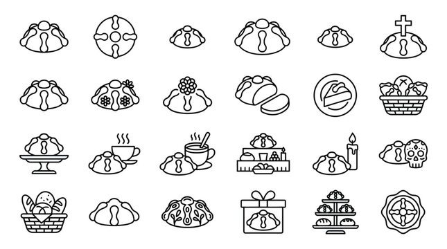 Set of pan de muerto icons, traditional mexican day of the dead bread, line art style