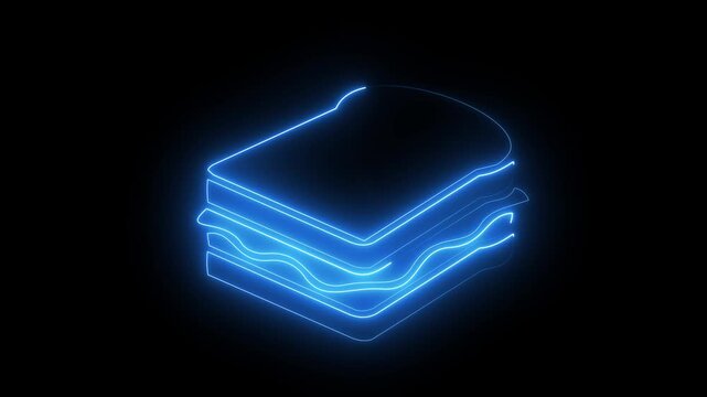 Blue neon sandwich icon on dark background, glowing fast food lunch meal symbol.