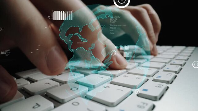 A close view of a hand typing on a keyboard, enhanced with a digital globe overlay, symbolizing connectivity and technological advancement in today digital landscape. Xenic
