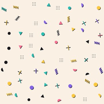 Seamless Memphis style pattern with playful geometric shapes, squiggles and dots