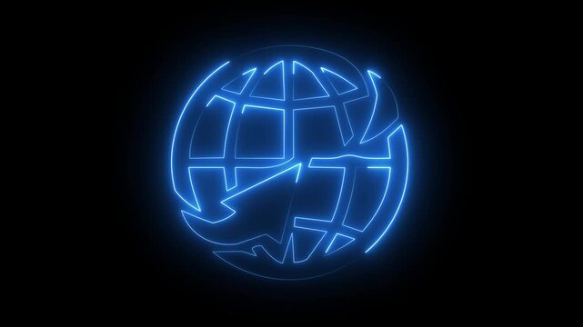 Blue neon globe icon on dark background, glowing world map plane travel global arrow symbol.