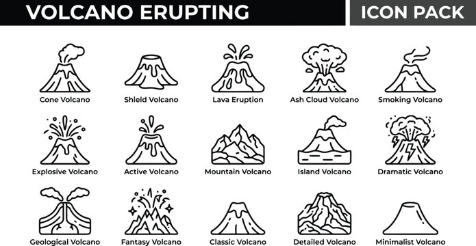Volcano erupting icon pack, 15 black line mountain eruption vector symbols, active geological lava and ash cloud icons for science education