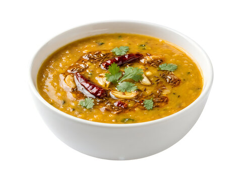 Bowl of creamy vegetable soup with meat and herbs on a plate isolated on white background