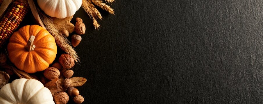 A rustic autumn arrangement with pumpkins, corn, wheat, and nuts on a textured black background, perfect for fall or Thanksgiving themes.