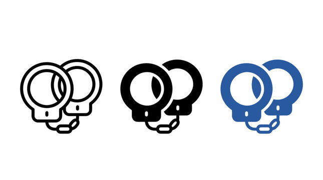 Set of handcuff icon design variants in outline solid and blue color styles