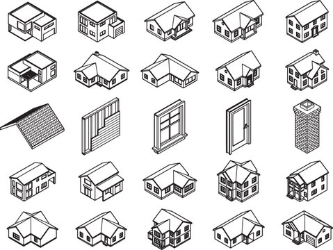 A collection of isometric architectural illustrations showcasing various house styles, building components like roof and wall sections, and window and door designs, presented in a clean.