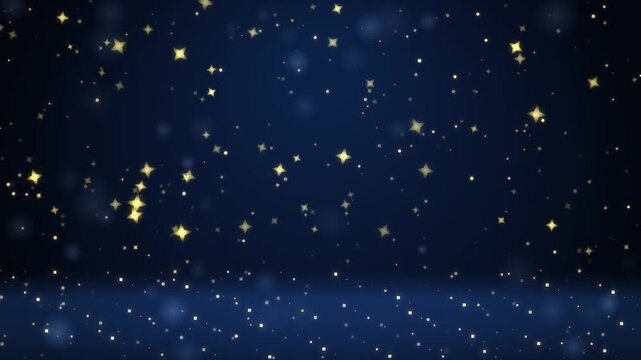 Golden Glowing Star Particles Floating On Dark Navy Blue Background For Magical Holiday Motion Graphi