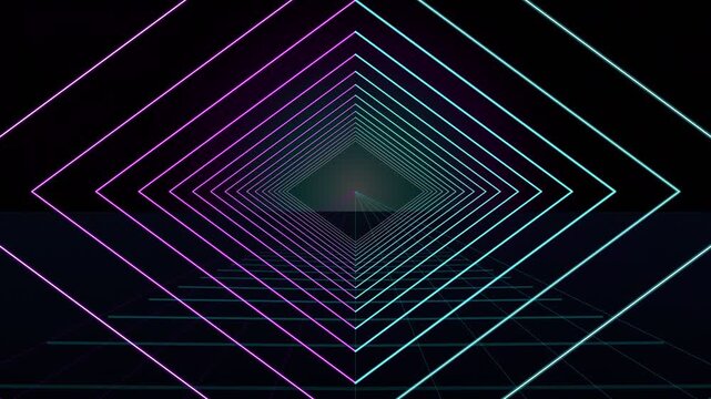 A mesmerizing seamless loop animation of glowing neon geometric tunnels in a futuristic cyber space, featuring concentric diamond shapes with vibrant purple and cyan light lines against a deep black.