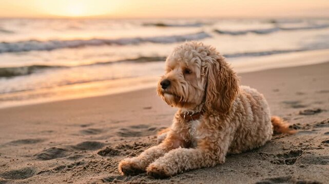 havapoo dog close up at golden light on cannon beach oregon usa video