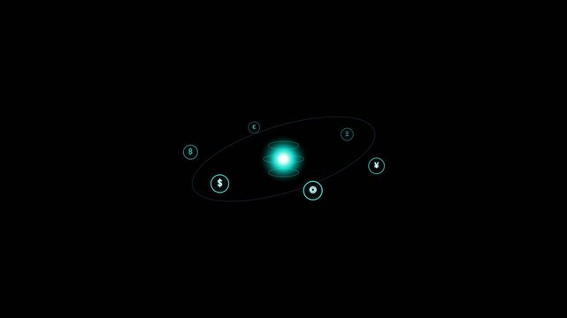 A seamless loop animation of a glowing teal orbital system with six circular nodes orbiting a central bright core, set against a pure black background, conveying futuristic data flow or digital.