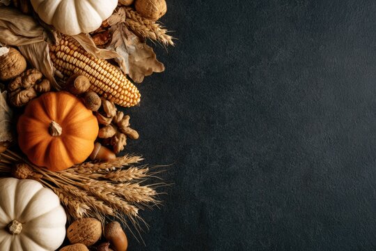 Autumn harvest display with pumpkins, corn, wheat, walnuts, and dried leaves on a dark textured background.