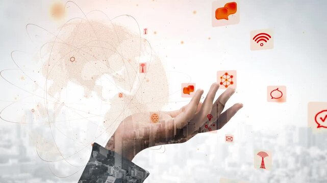 A conceptual image featuring a hand reaching out surrounded by various digital icons, symbolizing the integration of technology and globalization in modern communication. Xenic