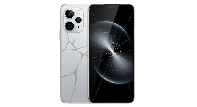 Broken smartphone with shattered screen and cracked back casing isolated on a clean transparent background for repair service concepts