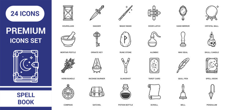 Set of twenty-four black and white line icons representing magical, fantasy, and spellcasting including a spell book, dagger, and wand