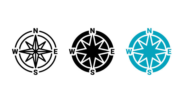 Vector compass rose icons with north south east and west cardinal direction marks