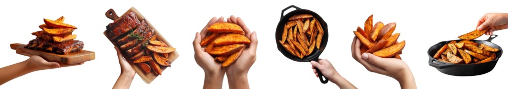 Set of hand holding sweet potato potatoes wedges wedge slices, skillet pan, serving wooden board with grilled bbq ribs, fried baked pile stack group, transparent cutout PNG Mockup
