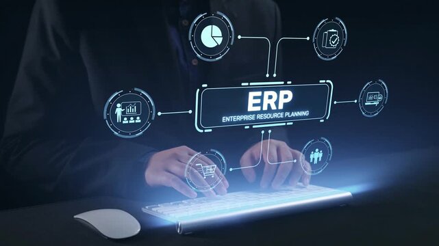 ERP platform visual showing centralized system for enterprise resource planning, improving integration, data flow, business efficiency, finance, inventory, and human resources. Elide