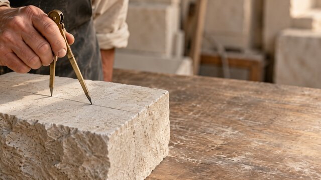 Stonemason using metal dividers for measuring stone block