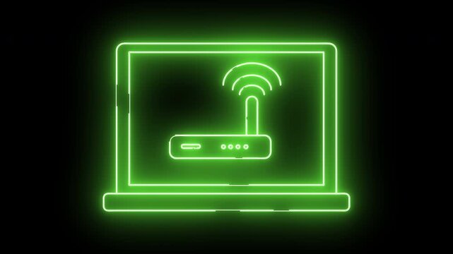 Green Neon Laptop with WiFi Router Icon Glowing on Black Background.