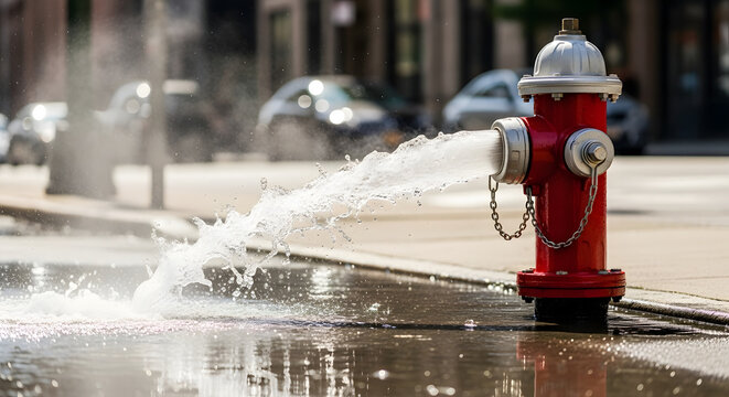 Open fire hydrant spraying water on a city street  