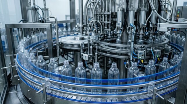 Industrial water bottle filling machine on a production line in a factory