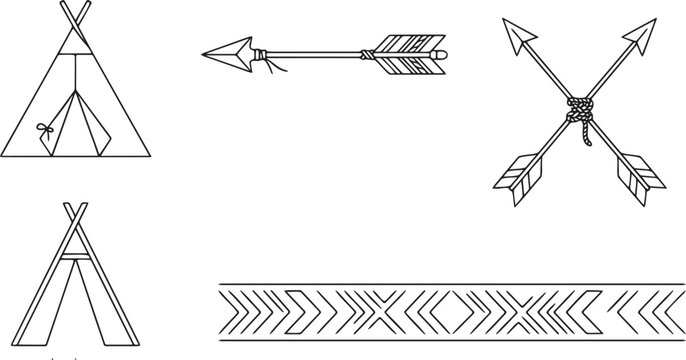 &bull; Vintage tribal elements vector set with hand drawn teepee tent crossed arrows and ethnic chevron border line art
