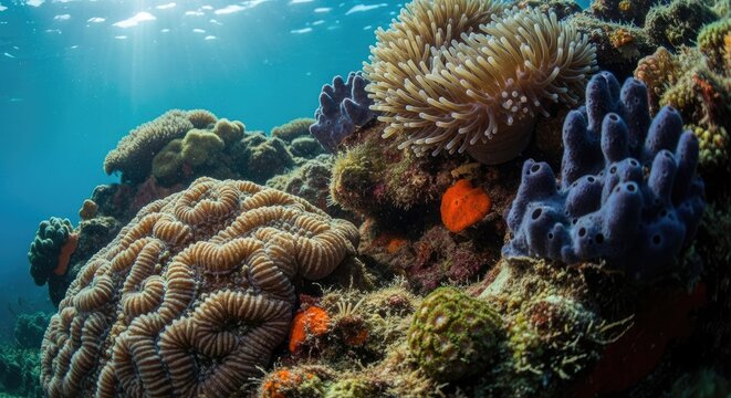 Underwater coral reef with colorful fish.