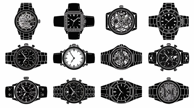 Detailed technical vector illustration of a luxury men's mechanical watch showing internal gears, clockwork mechanism, elegant watch face, and leather strap on a white background.