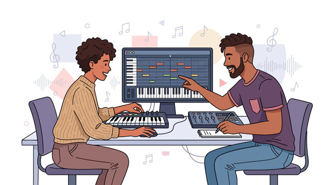Diverse music producers collaborating on digital audio workstation, creating electronic music with MIDI keyboard and sound mixer