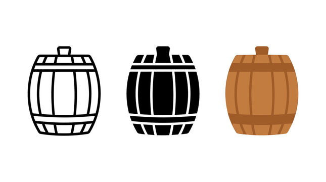 Oak barrel icon design set with wooden cask and vintage drink storage symbols