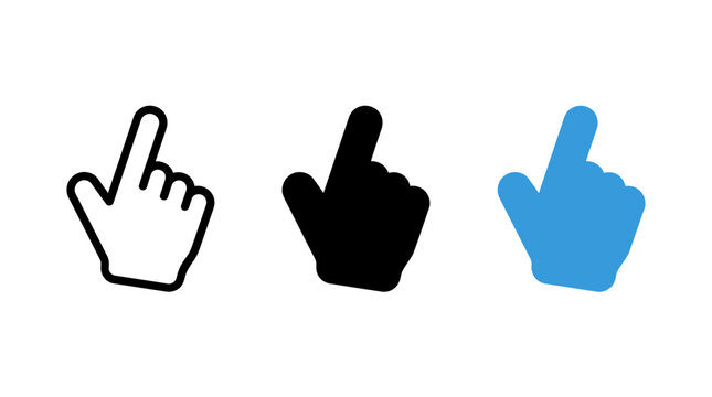 Set of one finger pointer cursor hand vector icons in outline solid and blue style