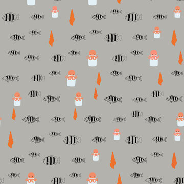 Cartoon fish, octopus, and shell seamless pattern
