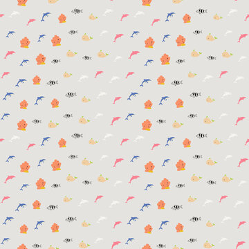 Cute marine life pattern with dolphins, fish, and coral