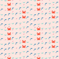 Cute Sea Creatures Pattern with Crabs, Dolphins, and Narwhals © salmawati