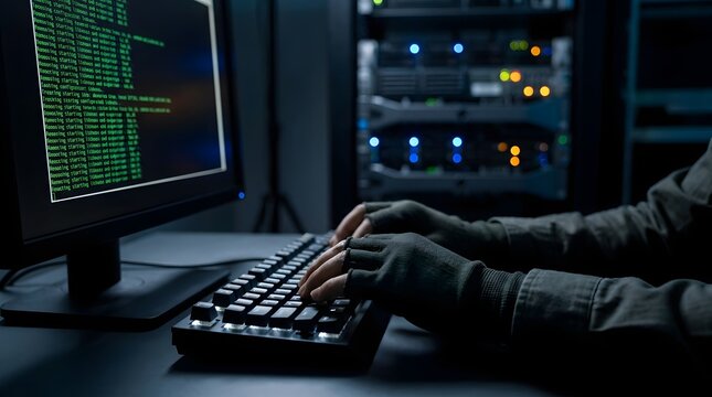 IT Technician or Cybersecurity Specialist Typing Commands into a Terminal Screen in a Data Center Server Room Environment with Digital Code and Network Infrastructure Background