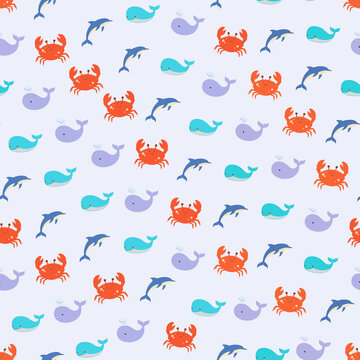 Seamless pattern of cartoon marine animals