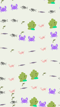 Seamless pattern of cartoon sea creatures and plants