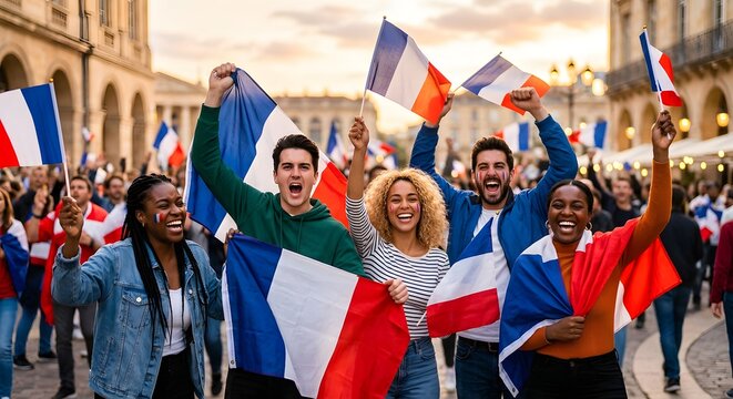 Diverse group of happy friends cheering with french flags celebrating Bastille Day together in a city square for patriotism, freedom and national holiday concept