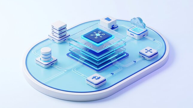Minimalist 3d render of cloud computing platform with central processor unit and data storage nodes on stylized isometric interface representing streamlined digital information management