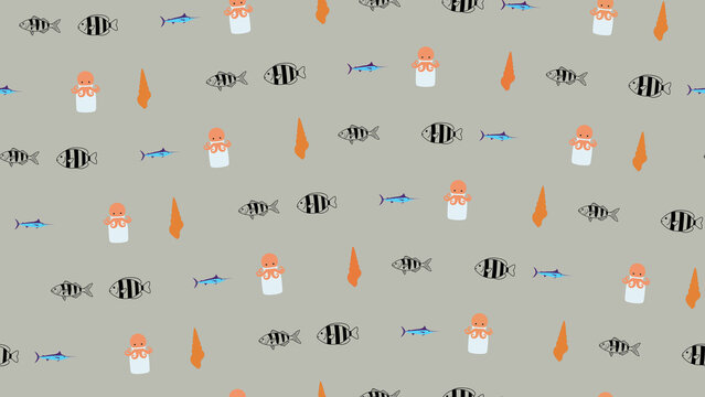 Seamless pattern with cartoon sea creatures and shells
