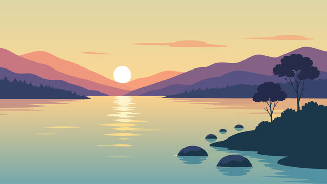 Sunset over calm mountain lake with sun reflection and tree silhouettes in flat vector style