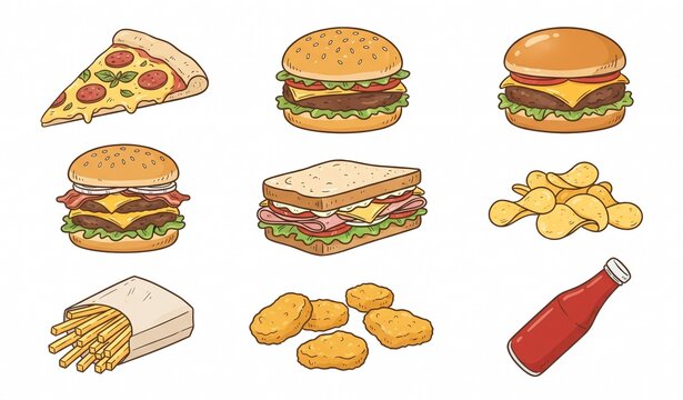 Fast food restaurant hand drawn vector set with pizza burgers sandwich fries nuggets and ketchup