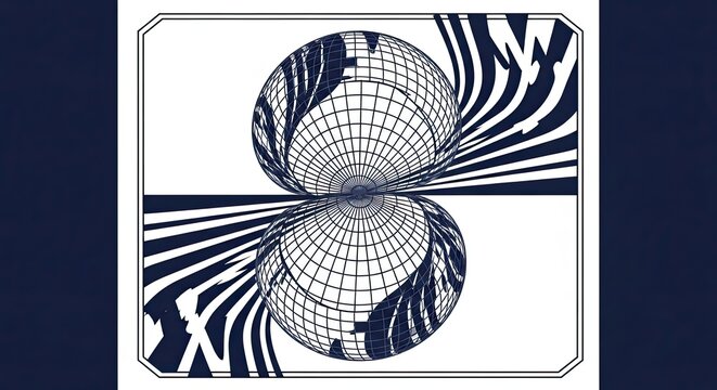 Abstract black and white globe design with distorted wavy lines