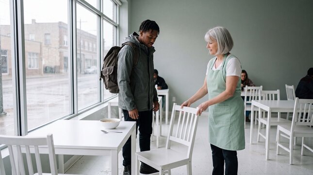 Volunteer offering a chair to newcomer at soup table