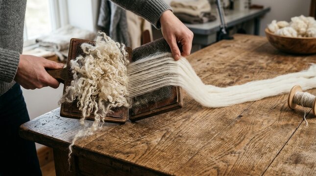 Hands of a craftsperson using traditional wooden hand carders to brush and align raw sheep wool fibers on a rustic wooden table in a workshop, preparing natural material for spinning and weaving.