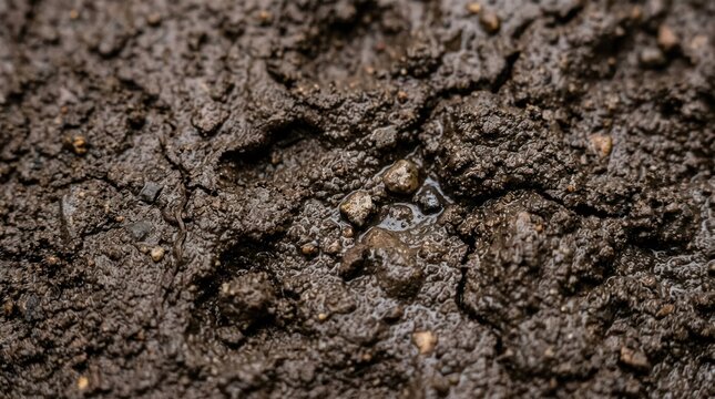 Closeup of wet muddy ground texture with small puddle detail